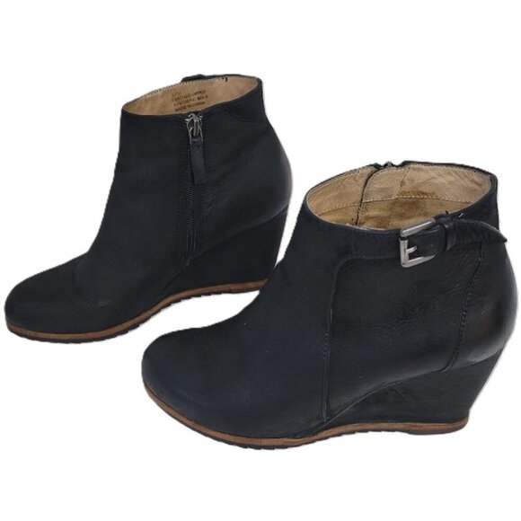 Biala Shoes - Biala Black Leather Wedge Ankle Boots Side Zip Ankle Buckle Bootie Women’s SZ 37